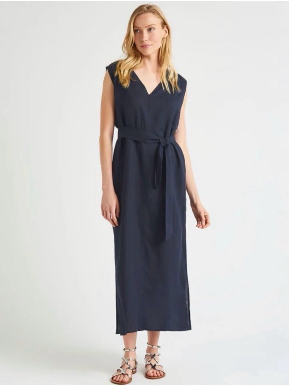 Splendid Navy Mabel V-Neck Sleeveless Belted Maxi Dress Linen Blend Sz S Euc